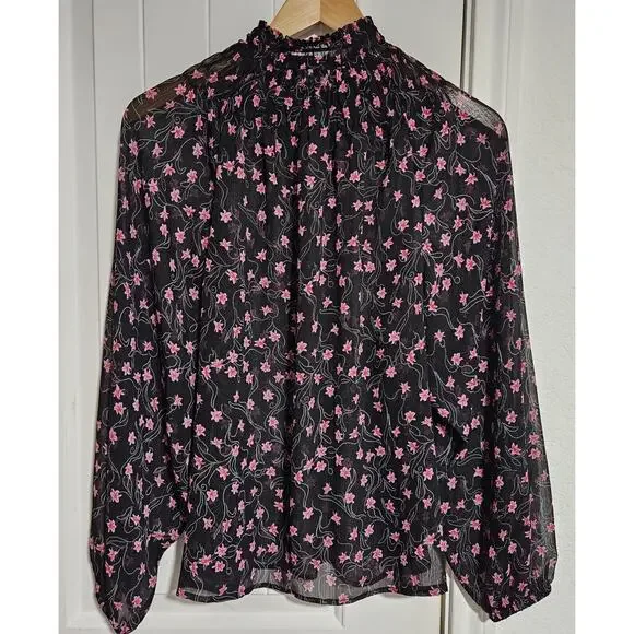 Elizabeth And James Small Long Sleeve Smocked Sheer Blouse Black W/ Pink Flowers - Picture 2 of 5